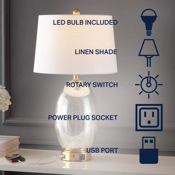 Reese Contemporary Style Iron/Glass LED Table Lamp with USB Charging Port - JONATHAN Y